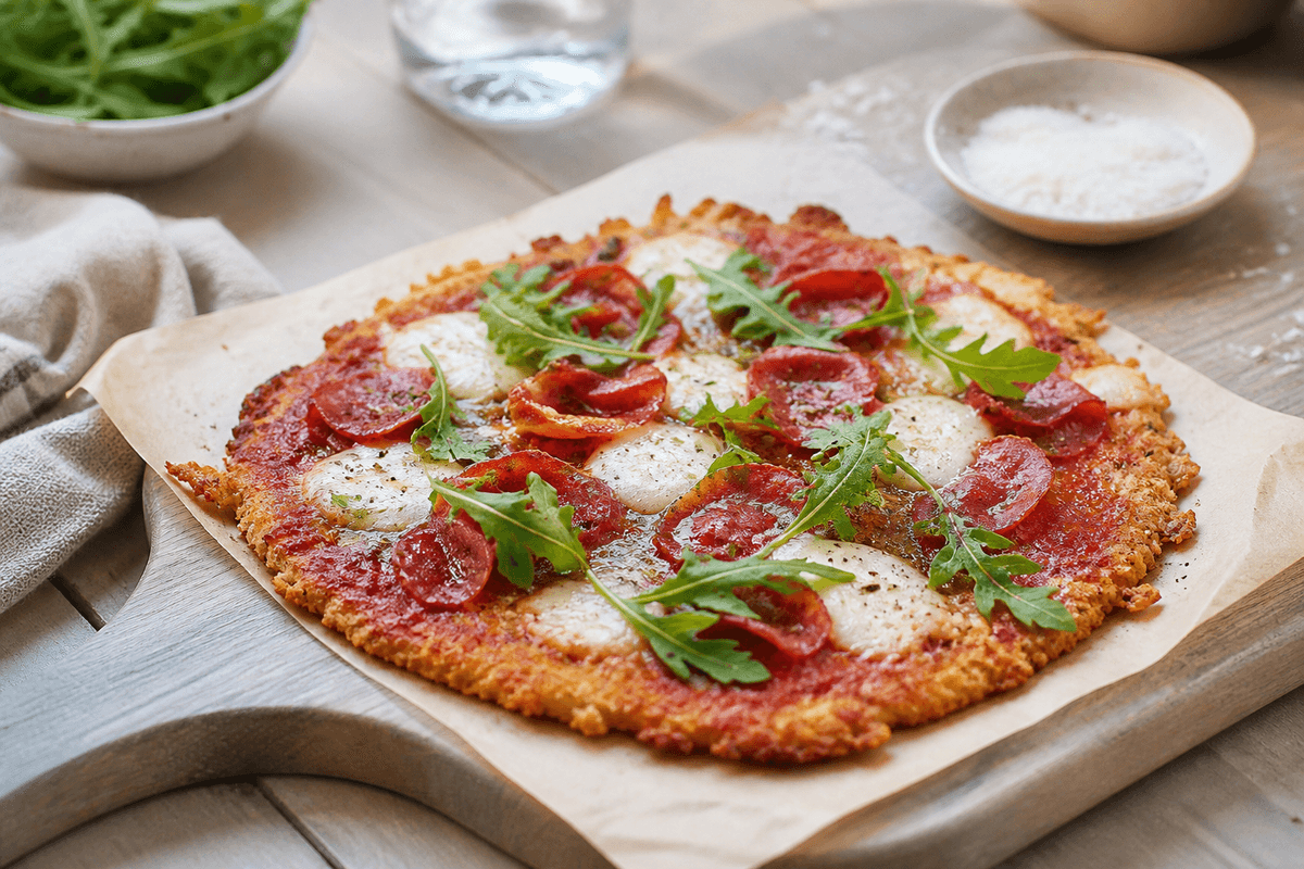 Blomkålspizza - lavet på blomkålsbund anrettet i Madblikkets lyse nordiske billedstil