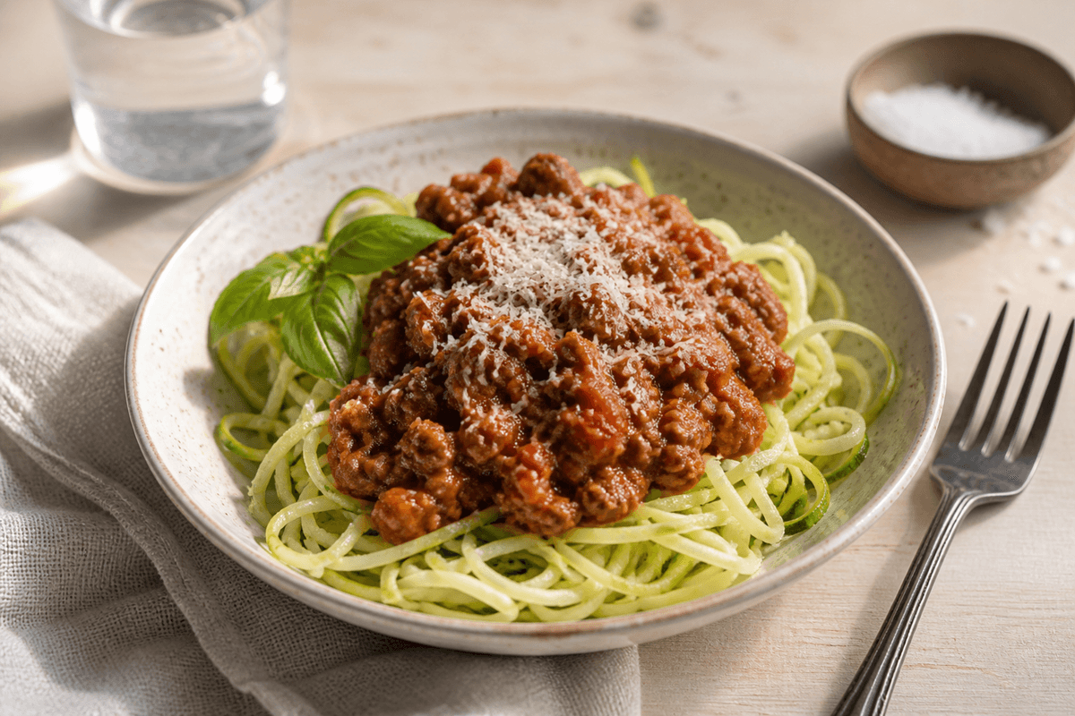 Squashspaghetti med Bolognese anrettet i Madblikkets lyse nordiske billedstil