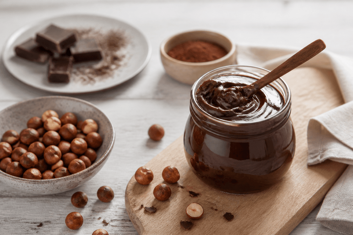 Hjemmelavet nutella anrettet i Madblikkets lyse nordiske billedstil