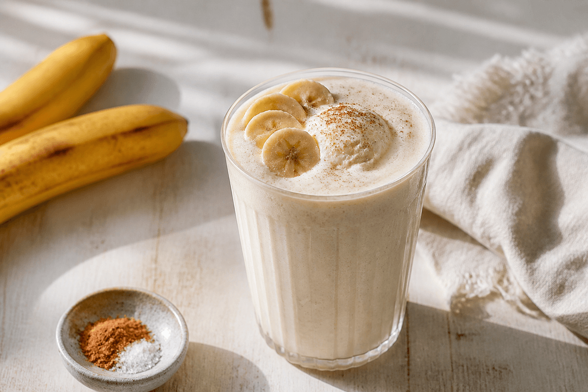 Bananmilkshake med vaniljeis anrettet i Madblikkets lyse nordiske billedstil