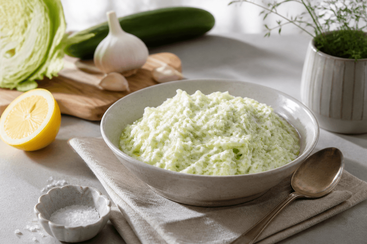 Spidskål tzatziki anrettet i Madblikkets lyse nordiske billedstil