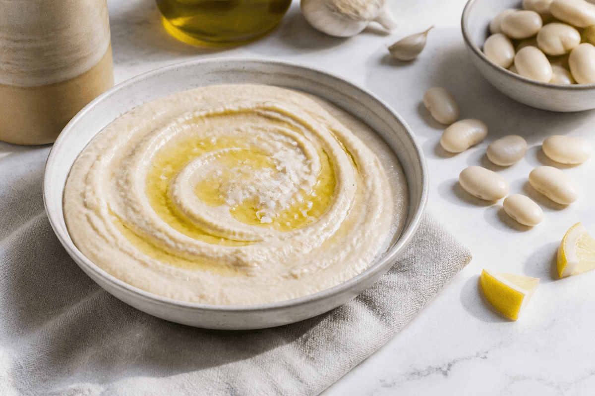 Butterbeans hummus anrettet i Madblikkets lyse nordiske billedstil