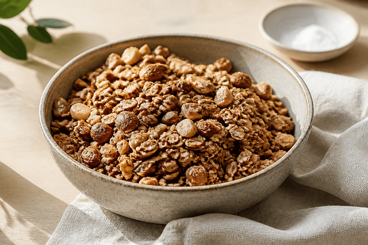 Müsli ristet i ovnen anrettet i Madblikkets lyse nordiske billedstil
