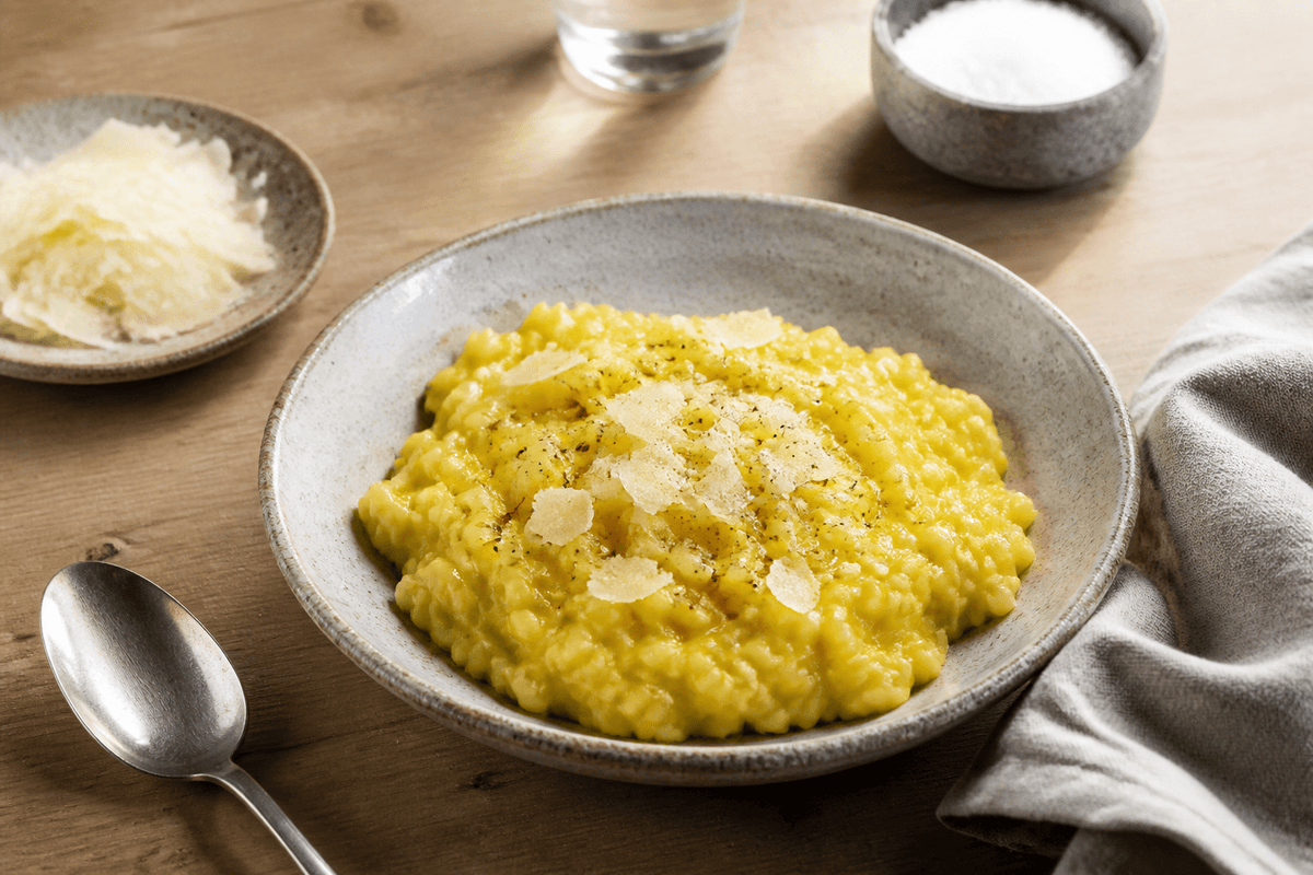 Safranrisotto anrettet i Madblikkets lyse nordiske billedstil