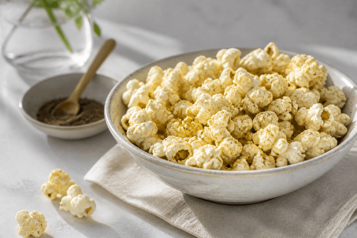 Lakrids popcorn anrettet i Madblikkets lyse nordiske billedstil