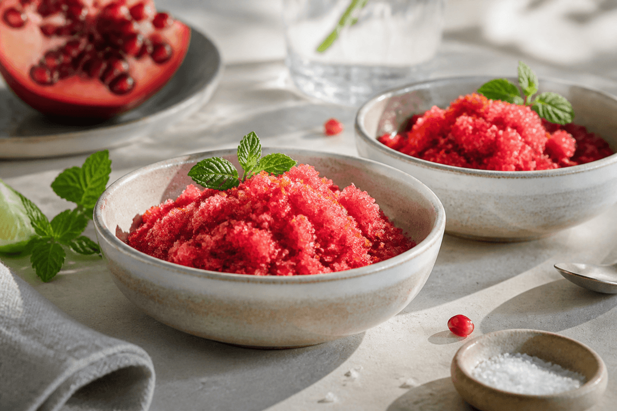 Appelsin og granatæble granita anrettet i Madblikkets lyse nordiske billedstil