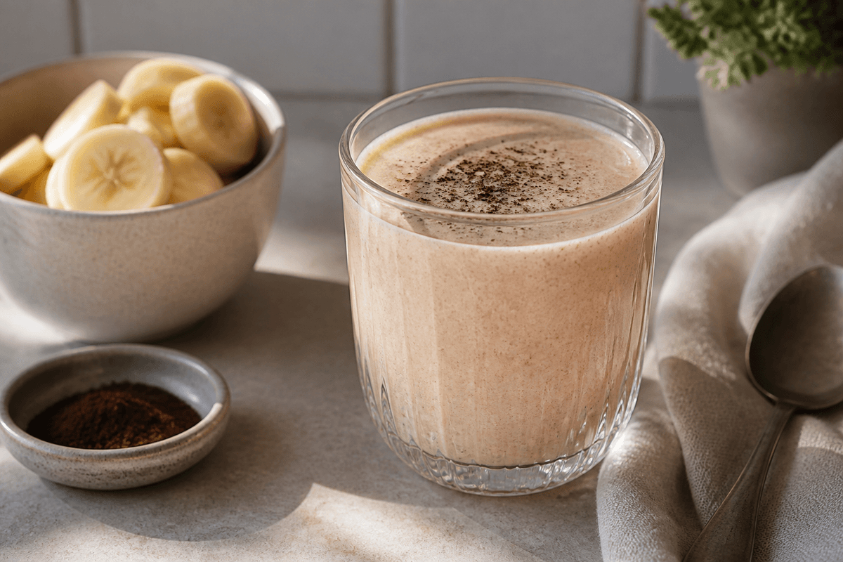Banan Lakrids Smoothie anrettet i Madblikkets lyse nordiske billedstil
