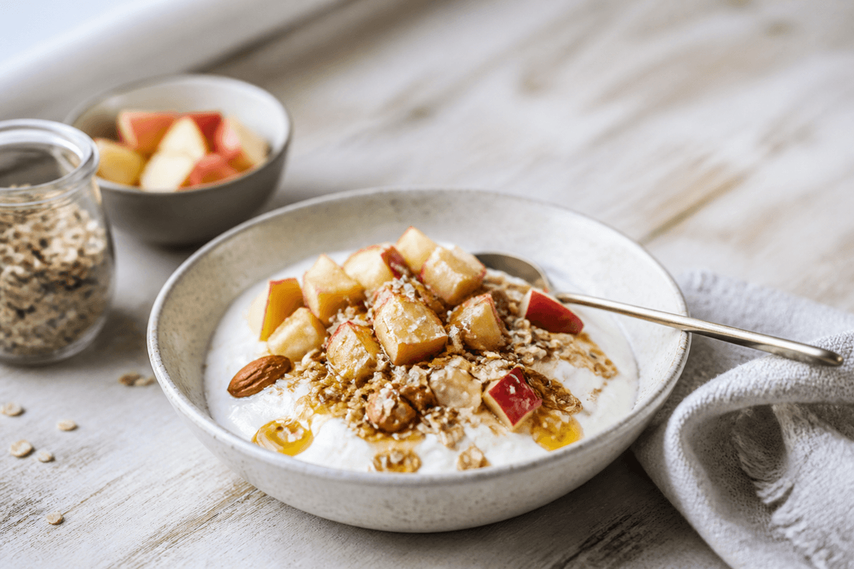 Drænet yoghurt med knas og æbler anrettet i Madblikkets lyse nordiske billedstil