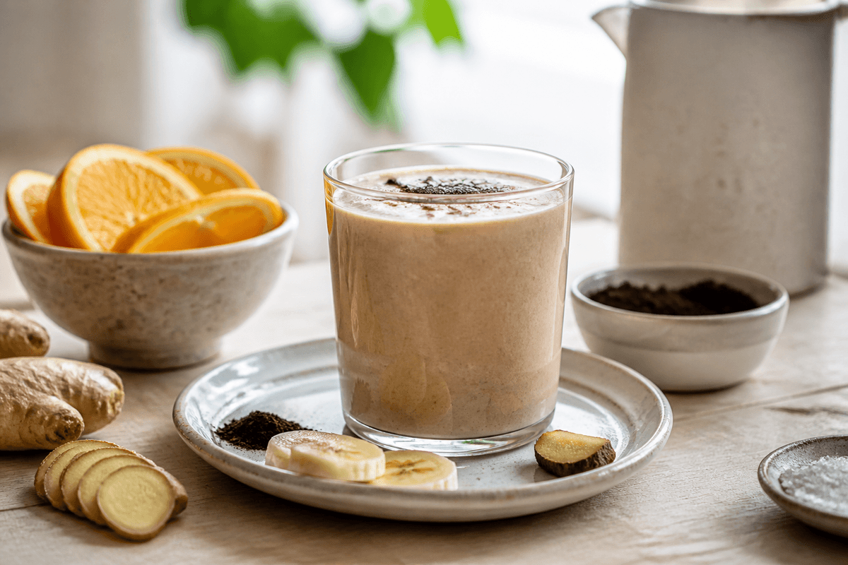 Smoothie med ingefær og lakrids anrettet i Madblikkets lyse nordiske billedstil