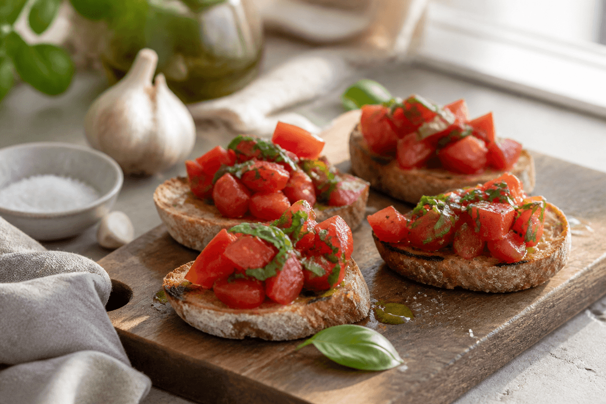 Bruschetta med tomat og basilikum anrettet i Madblikkets lyse nordiske billedstil