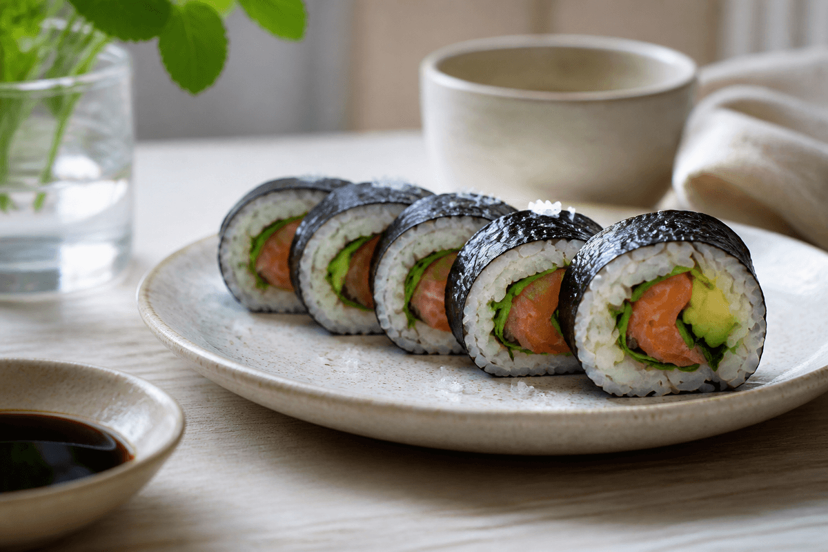 Maki sushi med koldrøget laks anrettet i Madblikkets lyse nordiske billedstil