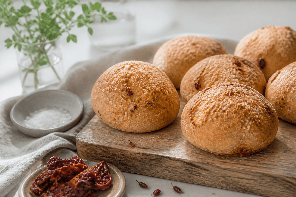 Madbrød med soltørrede tomater, chili og parmesan anrettet i Madblikkets lyse nordiske billedstil