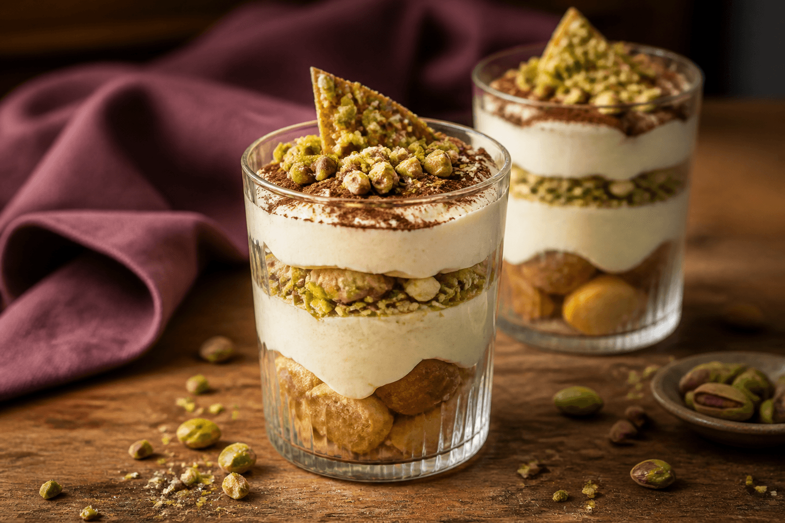 To høje riflede glas med pistacie-tiramisu i lag af kaffedyppede ladyfingers, mascarponecreme, pistacie, kakao og sprød praline