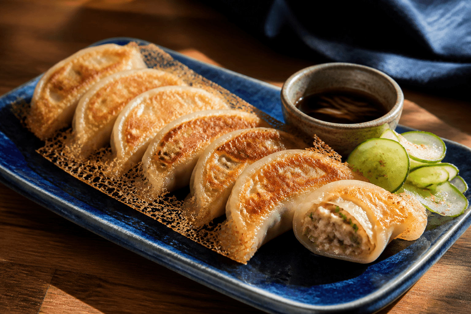 Syv gyldent pandestegte dumplings med sprødt blondeskørt, svinekød og spidskål på koboltblåt fad med ingefærdip og agurkesalat