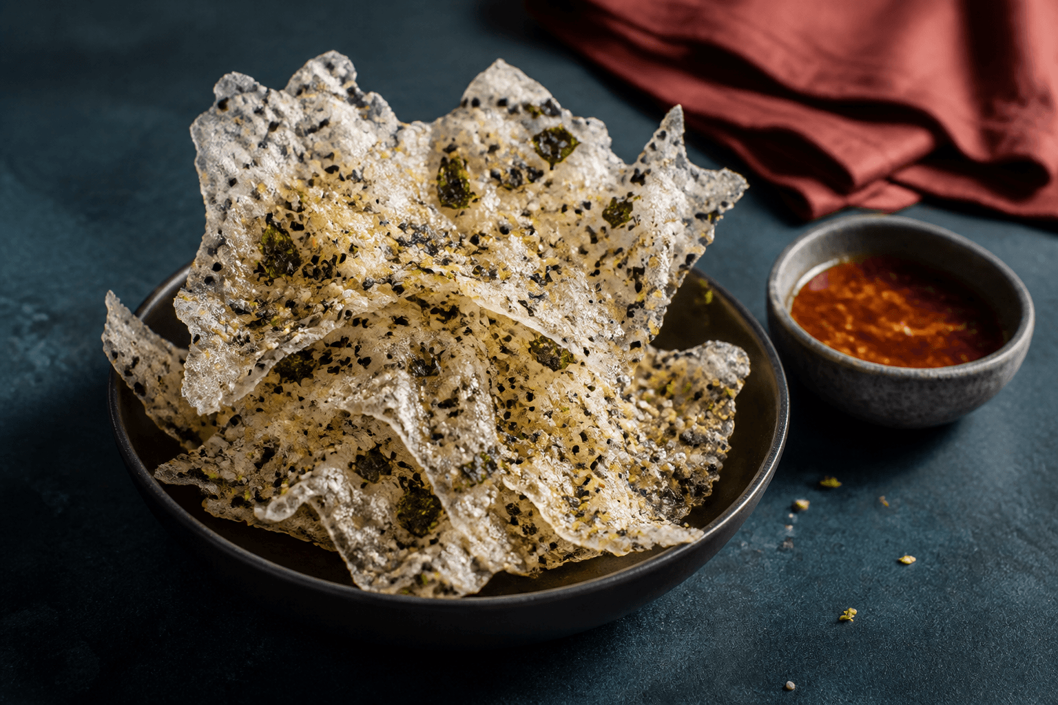 Høj luftig stabel af gennemsigtige boblede rispapirchips med sort og hvid sesam, nori og limesalt i mørk skål med rød chili-limedip