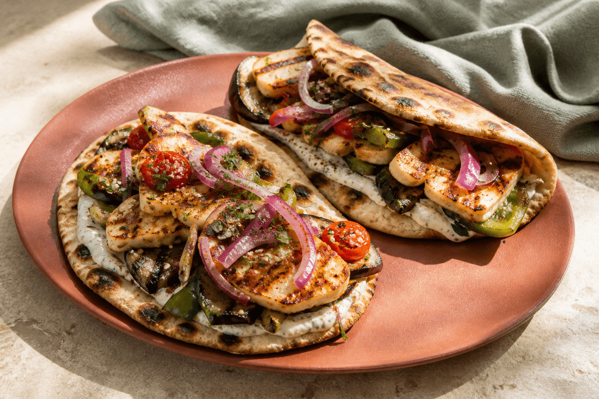 To grillede fladbrød med mørkstribet halloumi, aubergine, grøn peber, tomat, citronmynteyoghurt, sumakløg og persille på terracottafad