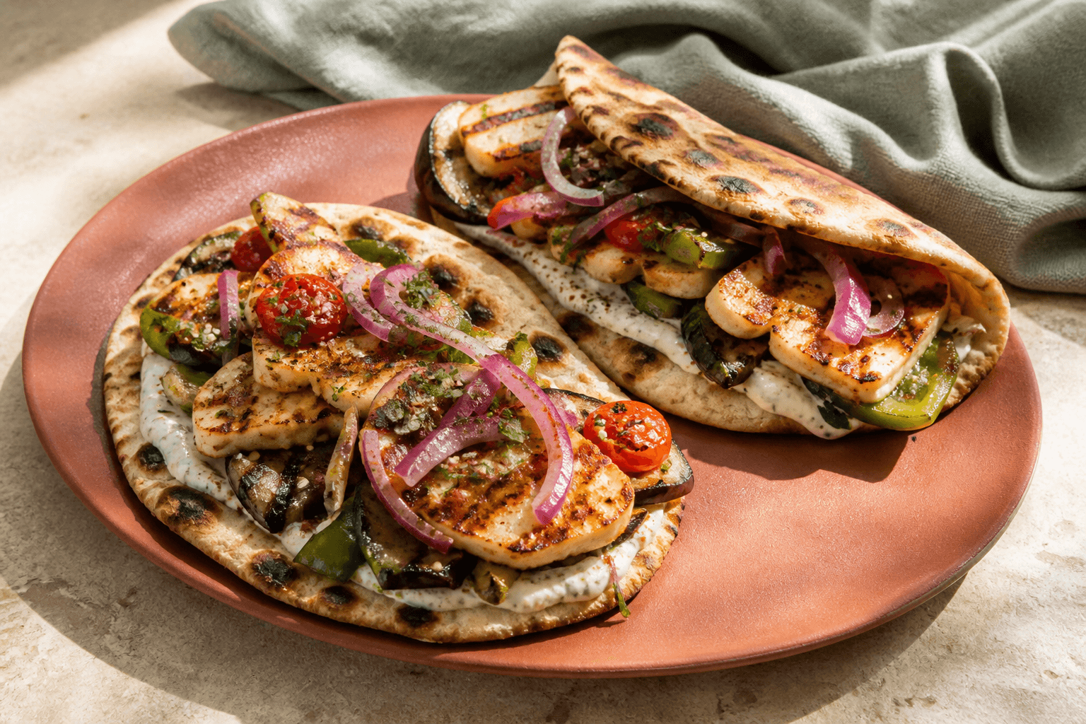 To grillede fladbrød med mørkstribet halloumi, aubergine, grøn peber, tomat, citronmynteyoghurt, sumakløg og persille på terracottafad