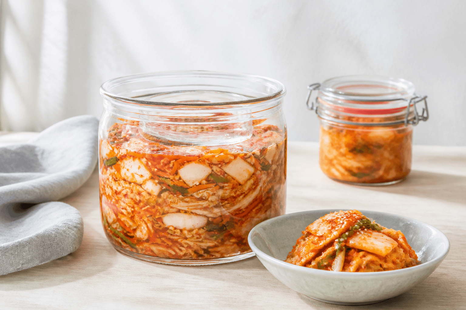 Bredt åbent glas med hurtig rød kimchi af kinakål, daikon, gulerod og forårsløg under glasvægt samt en lille celadonskål med serveringsklar kimchi