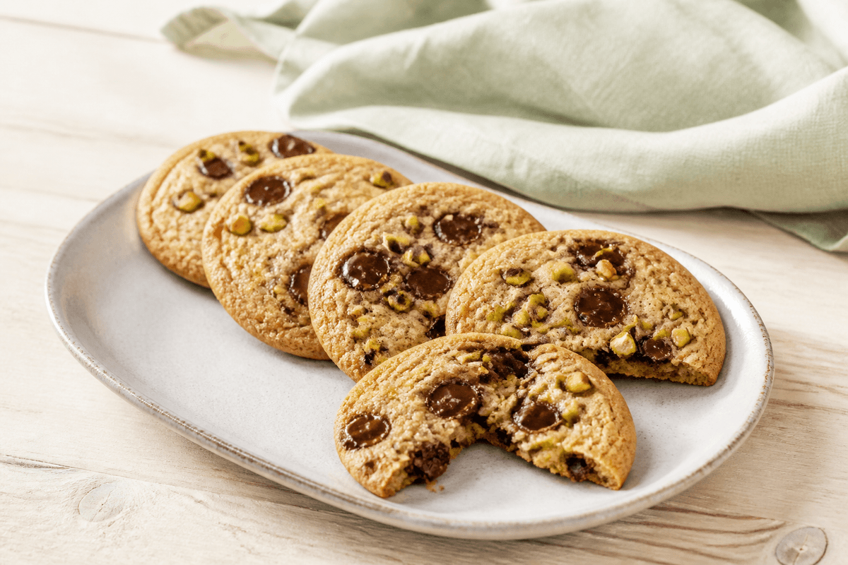 Fem store gyldne pistaciecookies med mørke chokoladestykker i en åben vifte på lyst ovalt fad, én delt forrest med blød midte