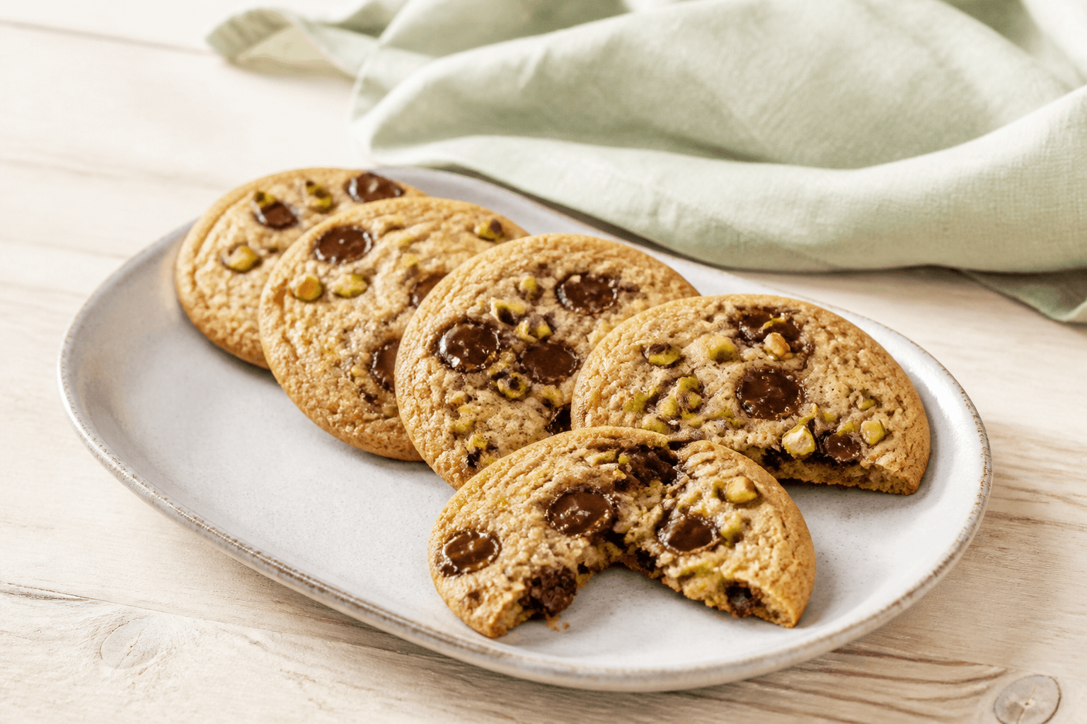 Fem store gyldne pistaciecookies med mørke chokoladestykker i en åben vifte på lyst ovalt fad, én delt forrest med blød midte