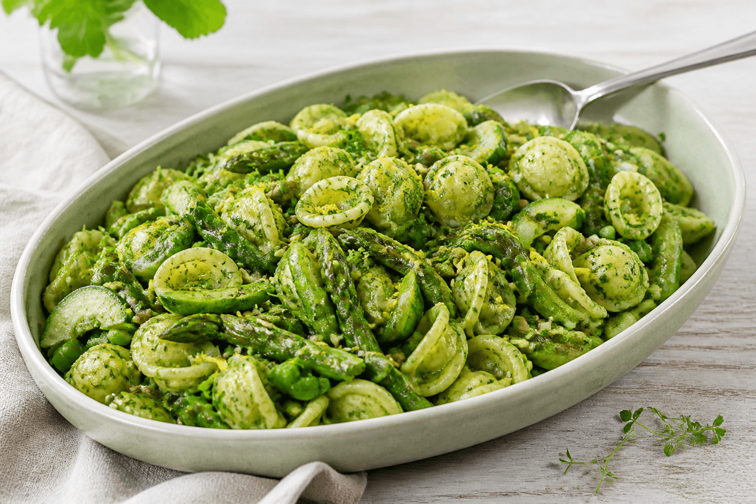 Grøn orecchiette-pastasalat med asparges, ærter, agurk, sukkerærter, spinat og cremet urtedressing på salviegrønt fad