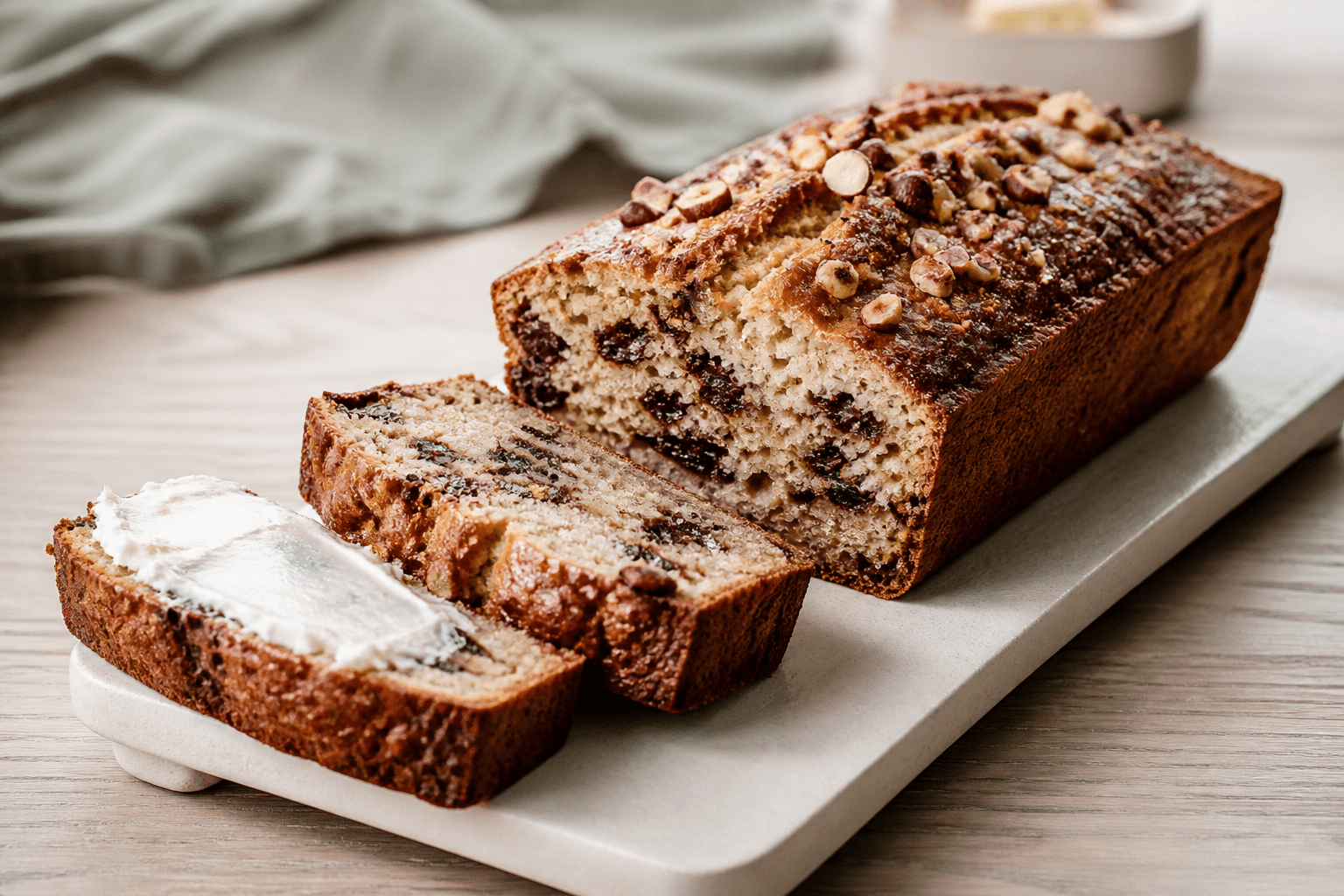 Gyldent bananbrød med hytteost, mørke chokoladestykker og hasselnødder på lyst stentøjsbræt med to tykke skiver
