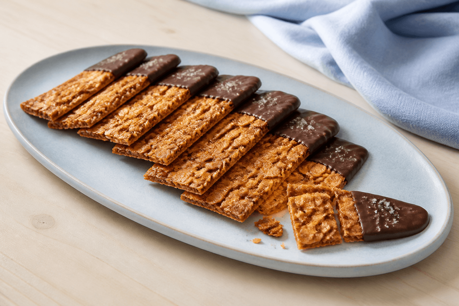 Tynde rektangulære cornflakes-crackers med saltkaramel og ene ende dyppet i mørk chokolade på lyseblåt fad