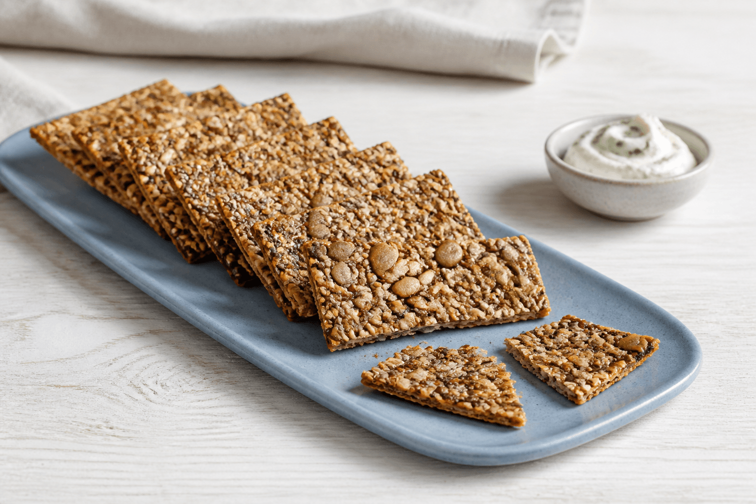 Tynde rektangulære glutenfri kerneknækbrød med græskar, solsikke, sesam, hørfrø og chia på støvet blå fad