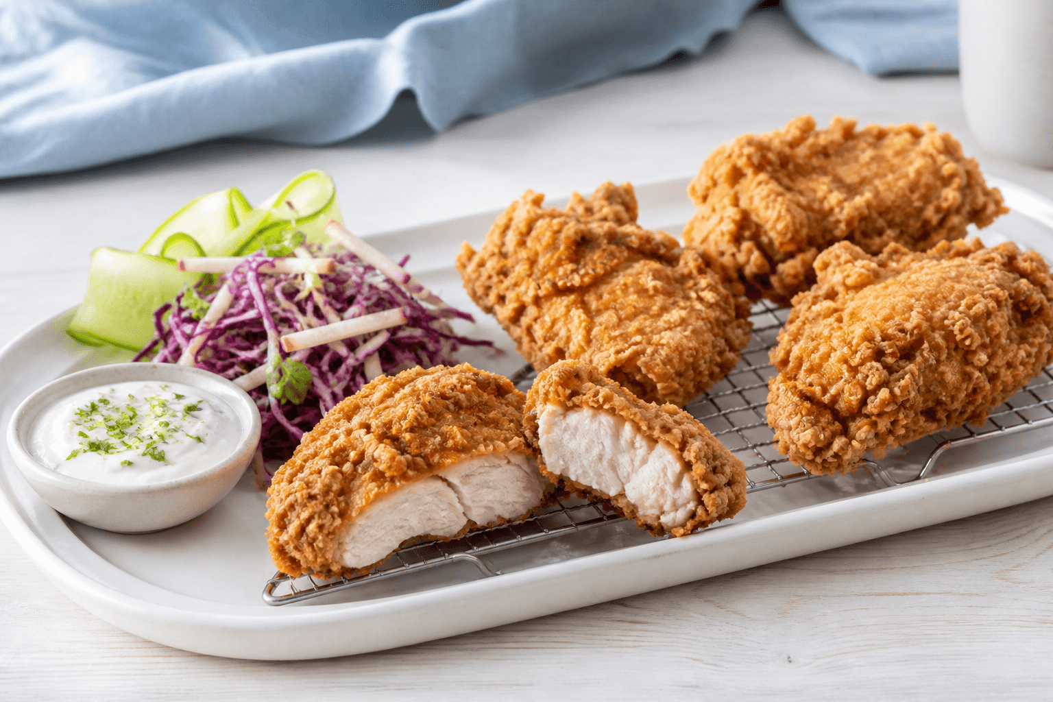 Fem stykker gylden sprød buttermilk fried chicken på rist over lyst fad med åbent gennemstegt stykke, kålslaw, agurk og skyrdip