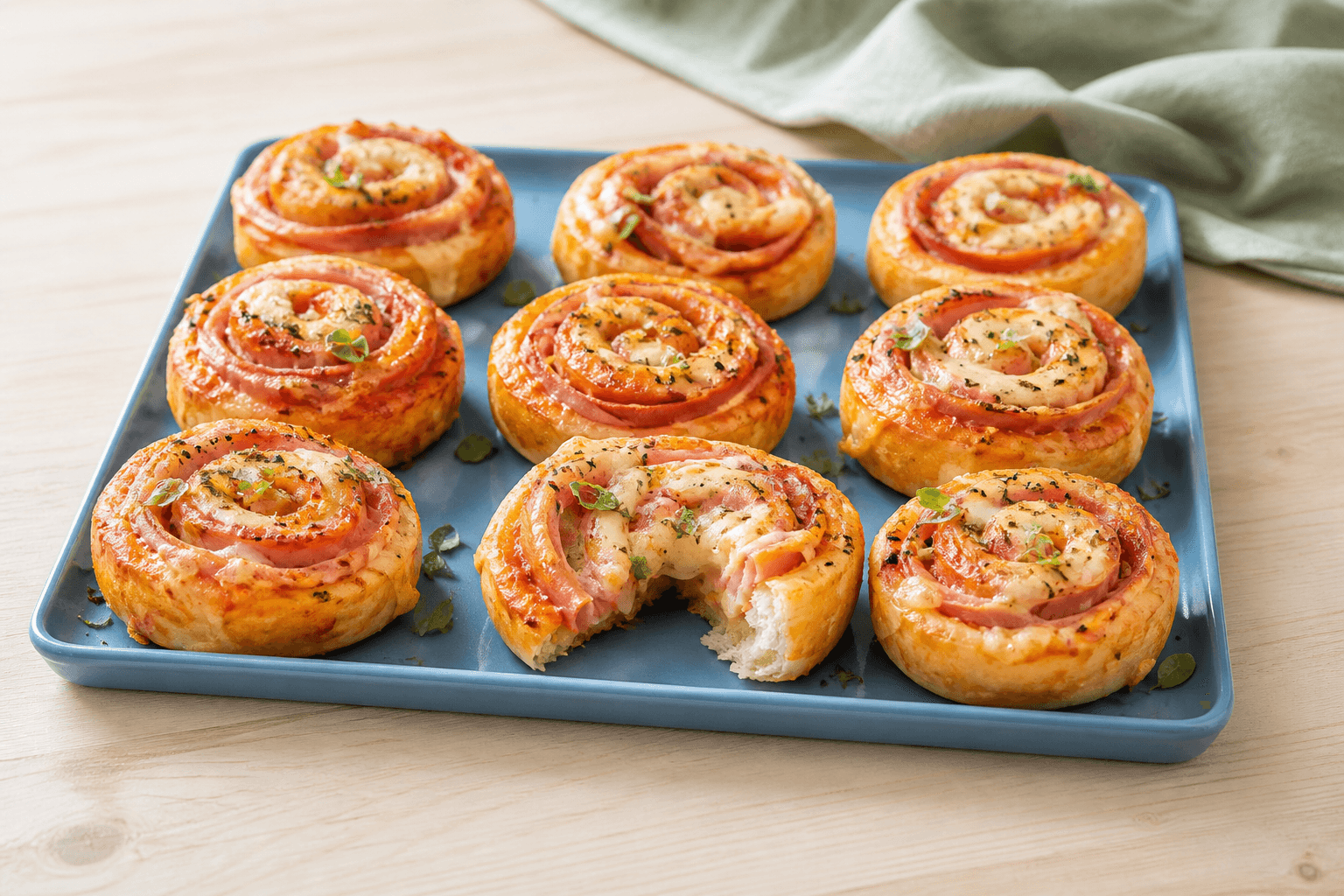 Ni gyldne pizzasnegle med skinke, tomat og mozzarella på støvet blå rektangulært fad med én snegl åbnet