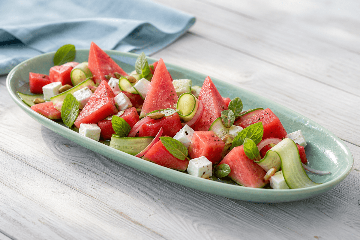 Vandmelonsalat med trekanter, feta, agurkebånd, syltet rødløg, mynte og græskarkerner på langt havgrønt fad
