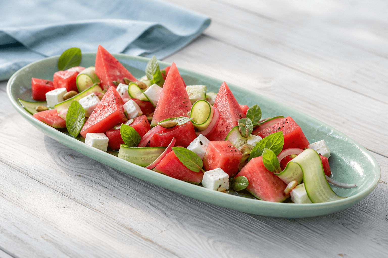Vandmelonsalat med trekanter, feta, agurkebånd, syltet rødløg, mynte og græskarkerner på langt havgrønt fad