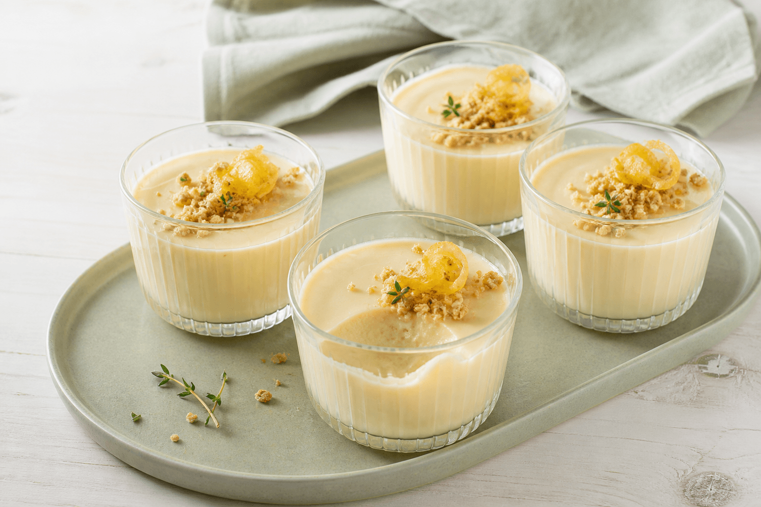 Fire glas med silkeblød lemon posset, citronkrølle, gyldent havreknas og citrontimian på salviegrønt fad