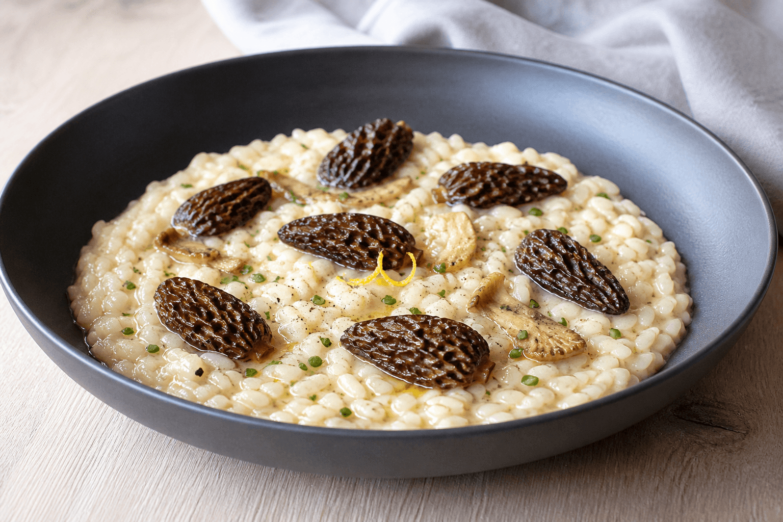 Cremet morkelrisotto med gennemtilberedte mørke morkler, østershatte, purløg og citron i lavt koksgråt fad