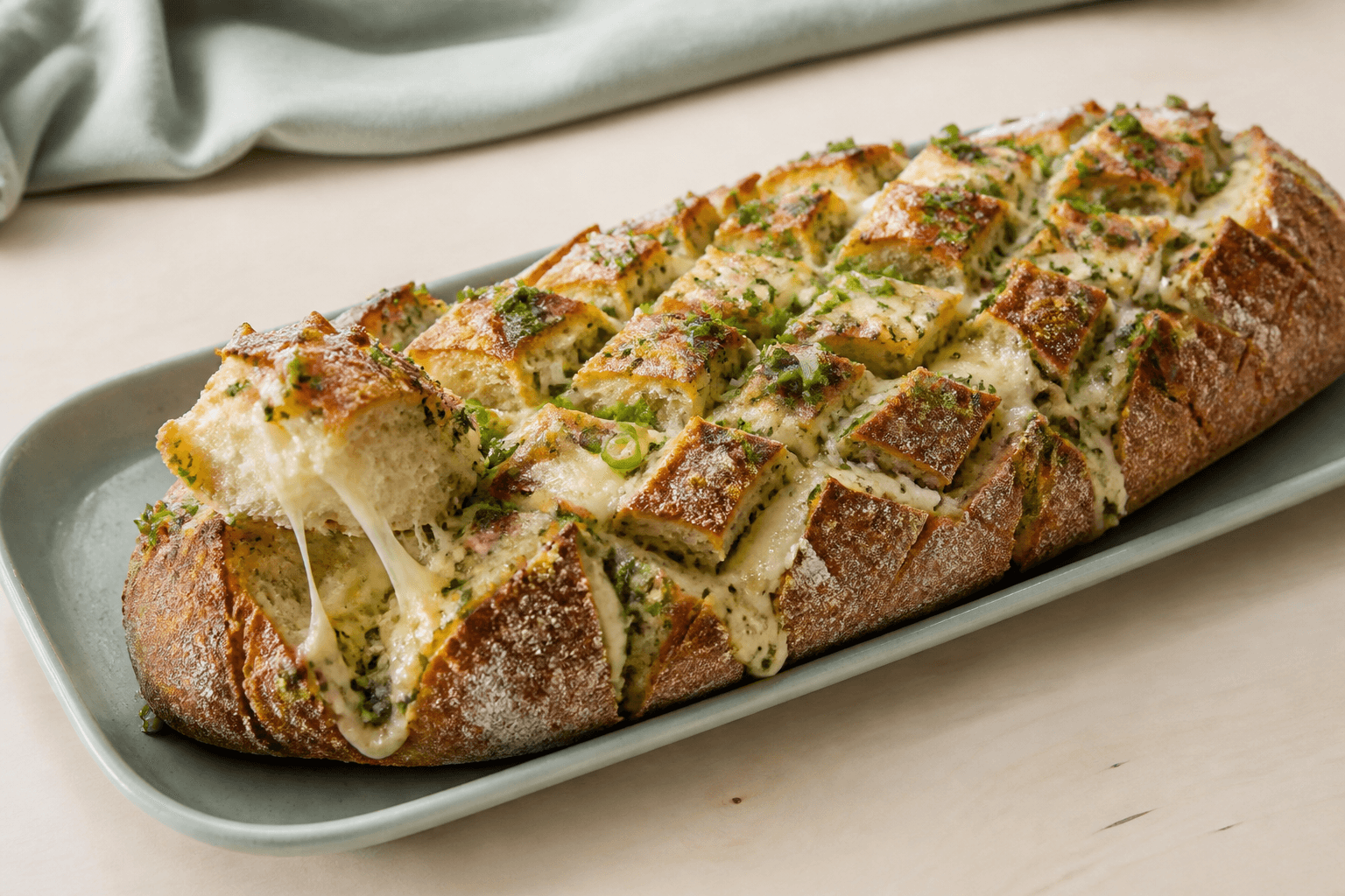 Aflangt pull-apart ostebrød med Havarti, mozzarella, hvidløgsurtesmør og et løftet stykke på salviegrønt fad