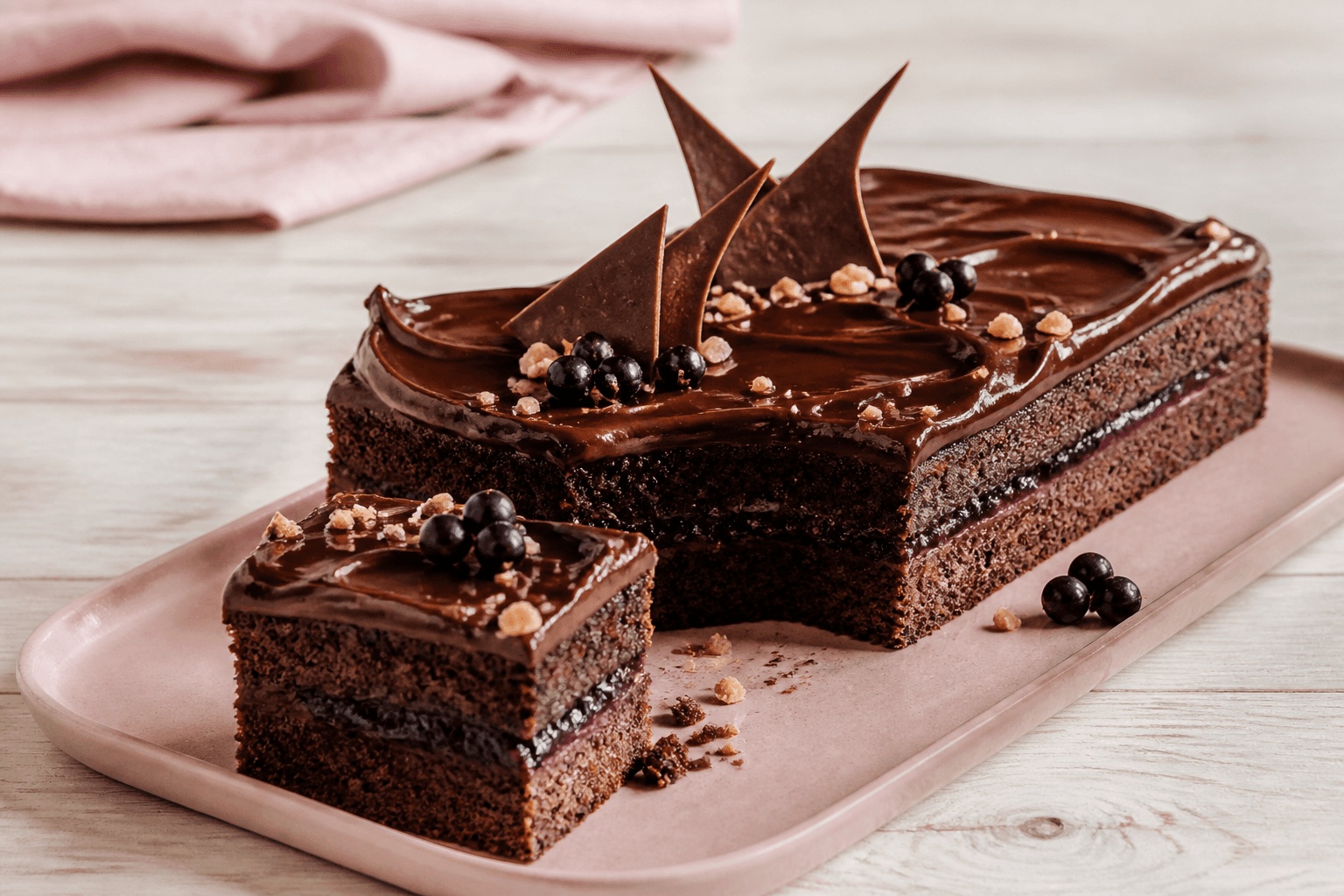 Rektangulær luksus chokoladekage i to lag med solbær, blank ganache, hasselnød og en udtaget skive på rosa fad