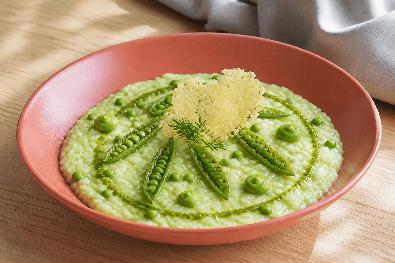 Lysegrøn ærterisotto med charrede sukkerærter, ærtepuré, dild-persilleolie og parmesanflage i koralfarvet skål