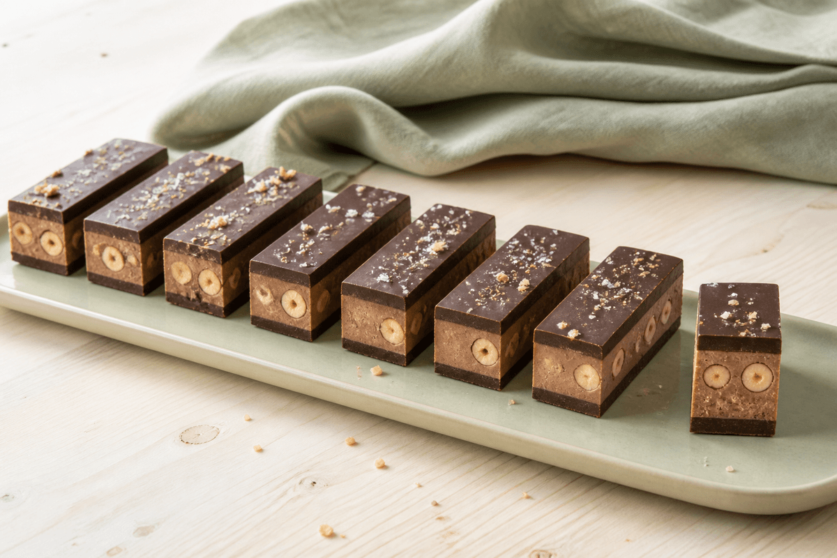 Otte ens hasselnød-nougatbarer med mørke chokoladelag, hele ristede nødder og synligt trelagssnit på lysegrønt fad