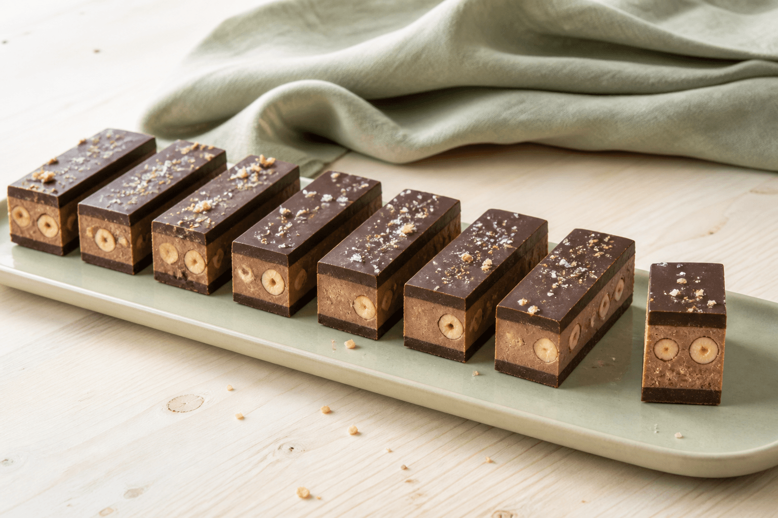 Otte ens hasselnød-nougatbarer med mørke chokoladelag, hele ristede nødder og synligt trelagssnit på lysegrønt fad
