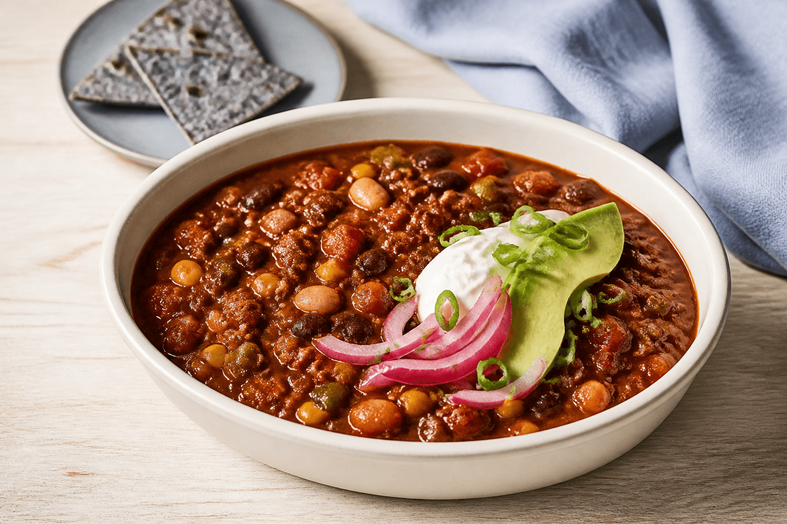 Tyk rød chili con carne med brunet oksekød, sorte og hvide bønner, majs, lime-skyr, syltet rødløg og avocado i lys oval skål