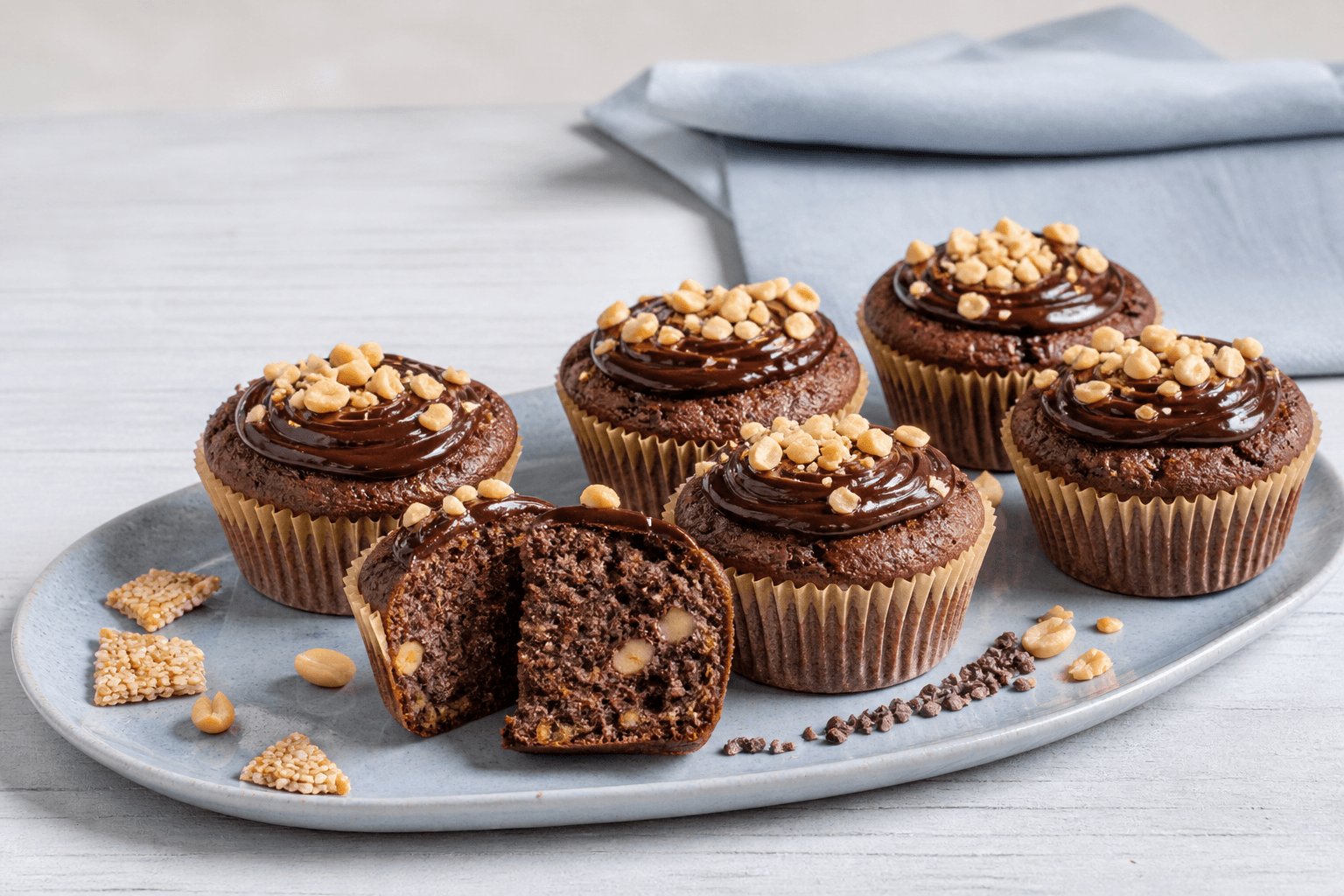 Seks glutenfri kakaomuffins med blank dadel-peanutglasur, peanuts, sesamknas og ét åbent gennembagt snit på lyseblåt fad