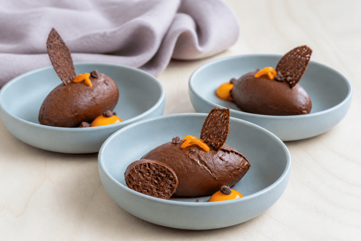 Tre queneller flødefri chokolademousse med appelsinreduktion, kakaonibs og sprød kakao-sesamtuile i lyseblå skåle