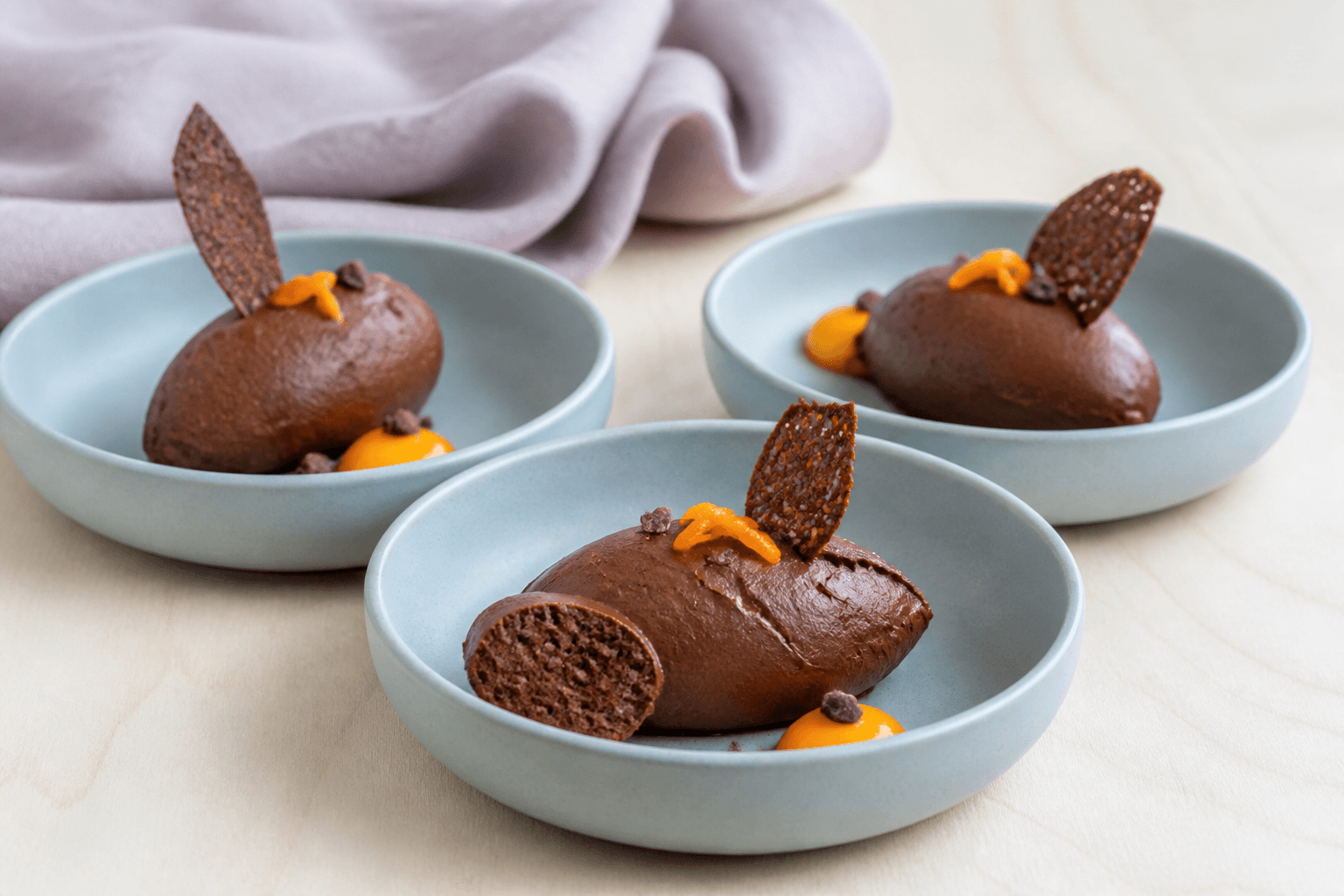 Tre queneller flødefri chokolademousse med appelsinreduktion, kakaonibs og sprød kakao-sesamtuile i lyseblå skåle