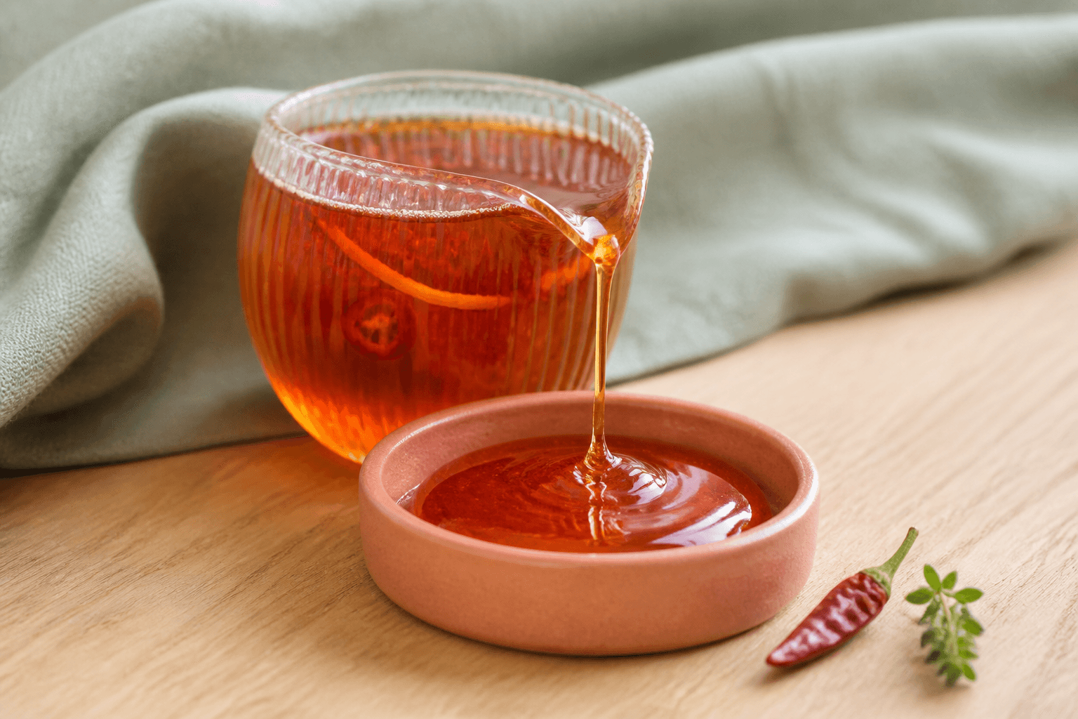 Klar ravfarvet hot honey med chiliring og appelsinskal i ribbet glaskaraffel, som hældes i et lavt koralfarvet fad