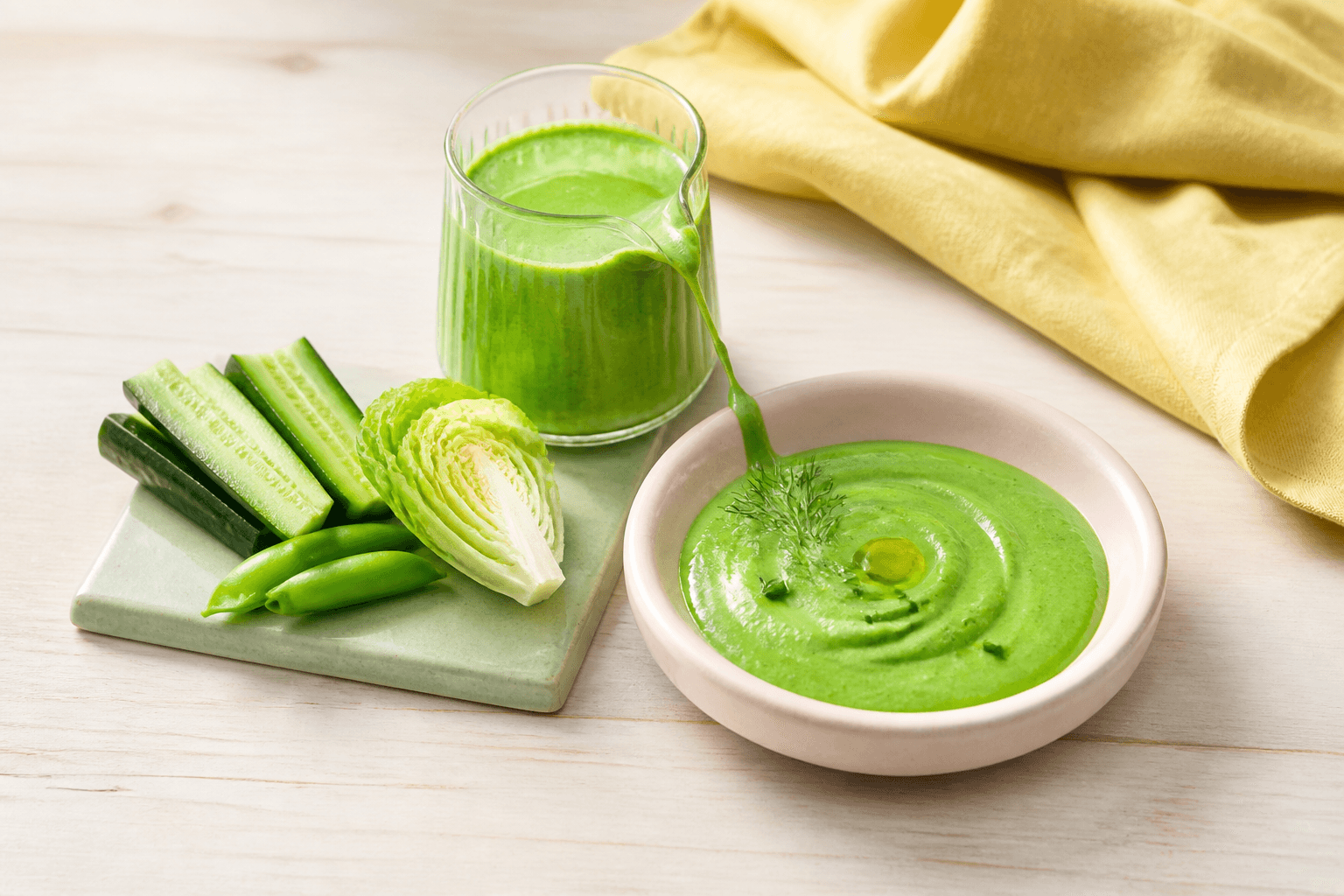 Lys grøn cremet green goddess-dressing i rosa skål og rillet glaskande med agurk, sukkerærter og salat på salvieflise
