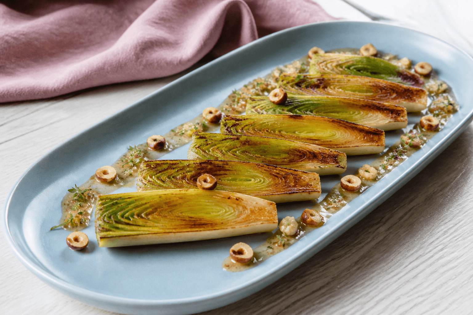 Seks lange smørstegte porrehalvdele med gyldne lag, hasselnødder, timian og smal vinaigrette på lyseblåt fad