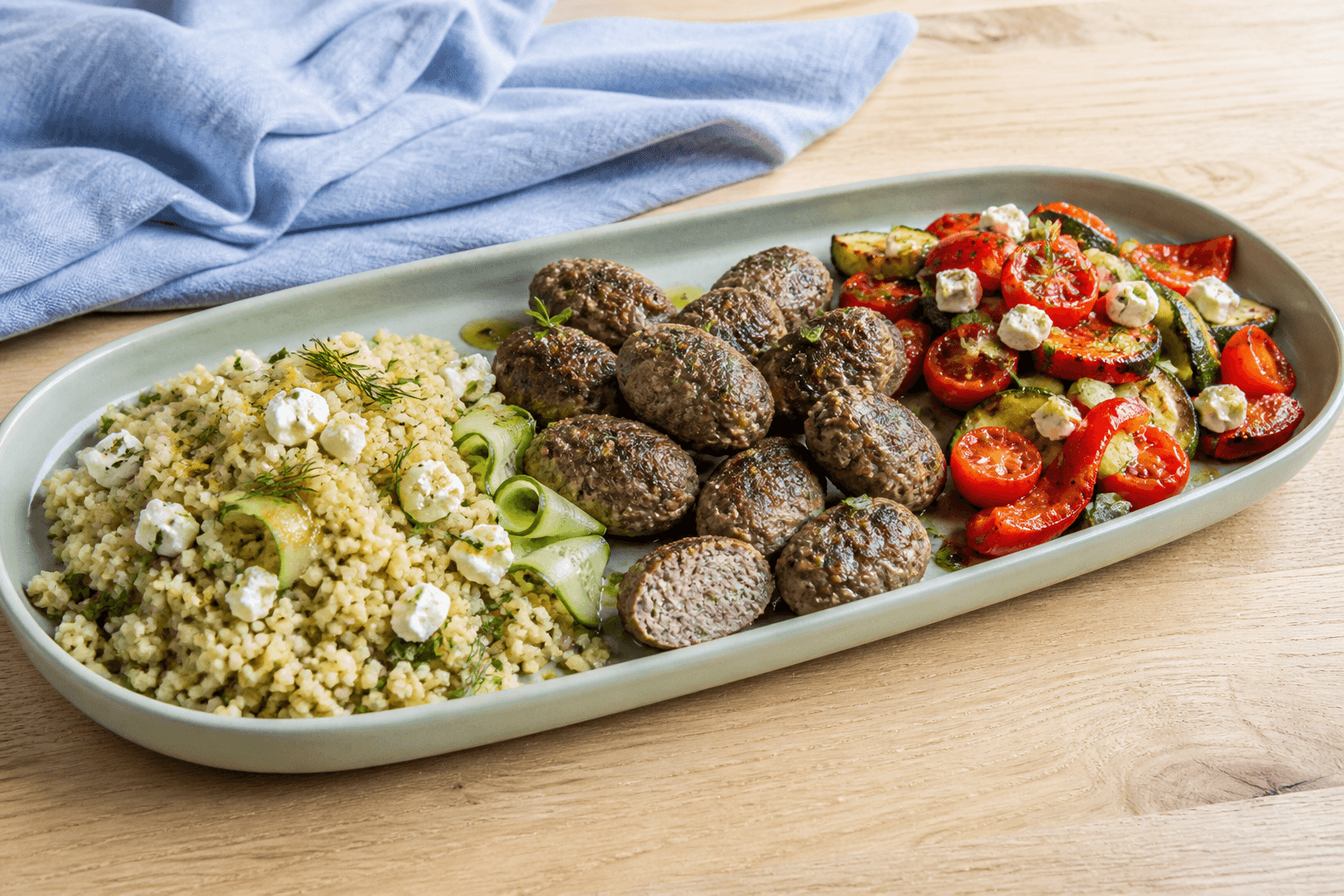 Langt salviegrønt fad med tre zoner af citronbulgur, gennemstegte ovale kødboller og stegte courgetter, peberfrugt og tomater