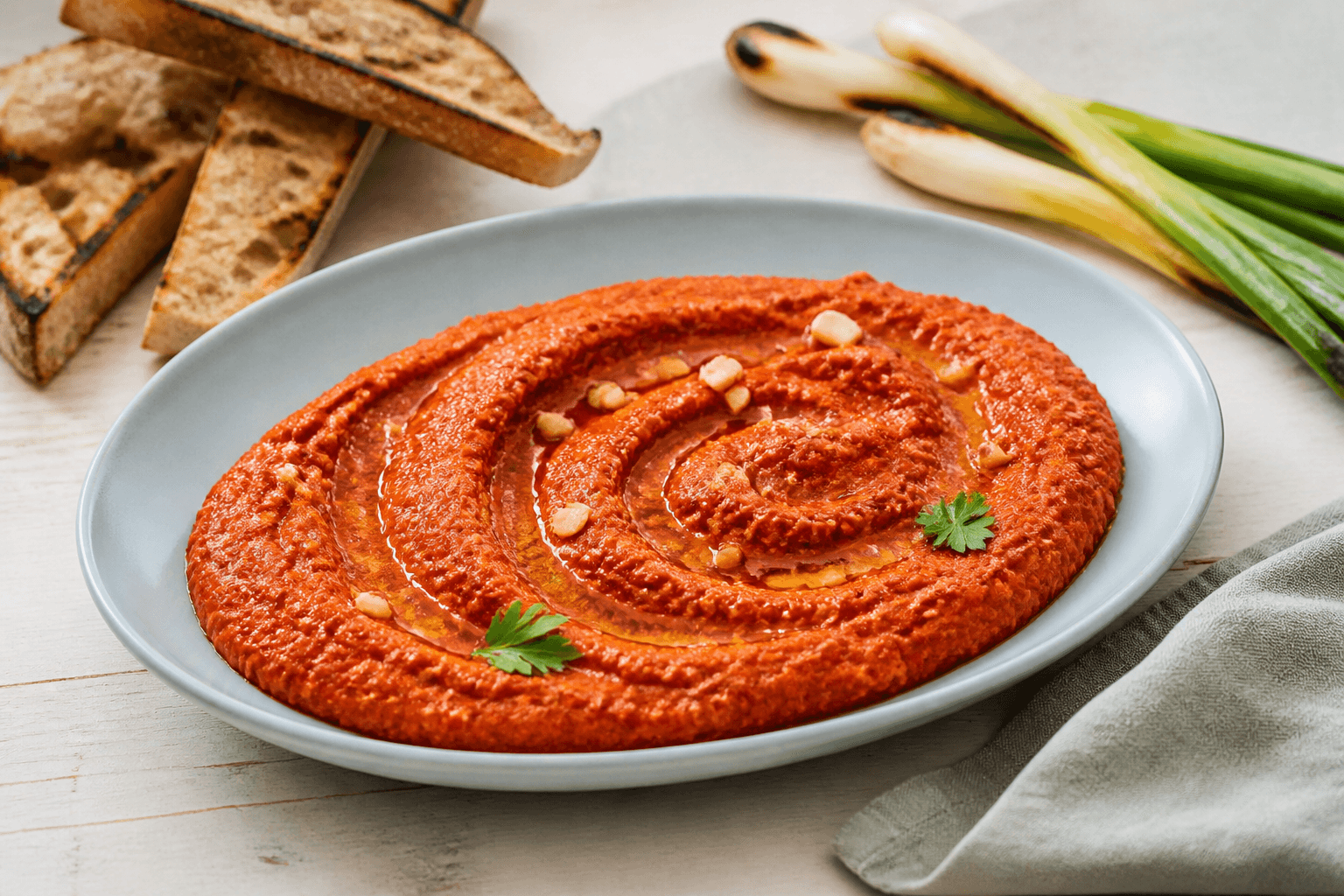 Lav lyseblå skål med spiral af rød romesco, ristede mandler, grillede brødstænger og forårsløg på lyst birkebord