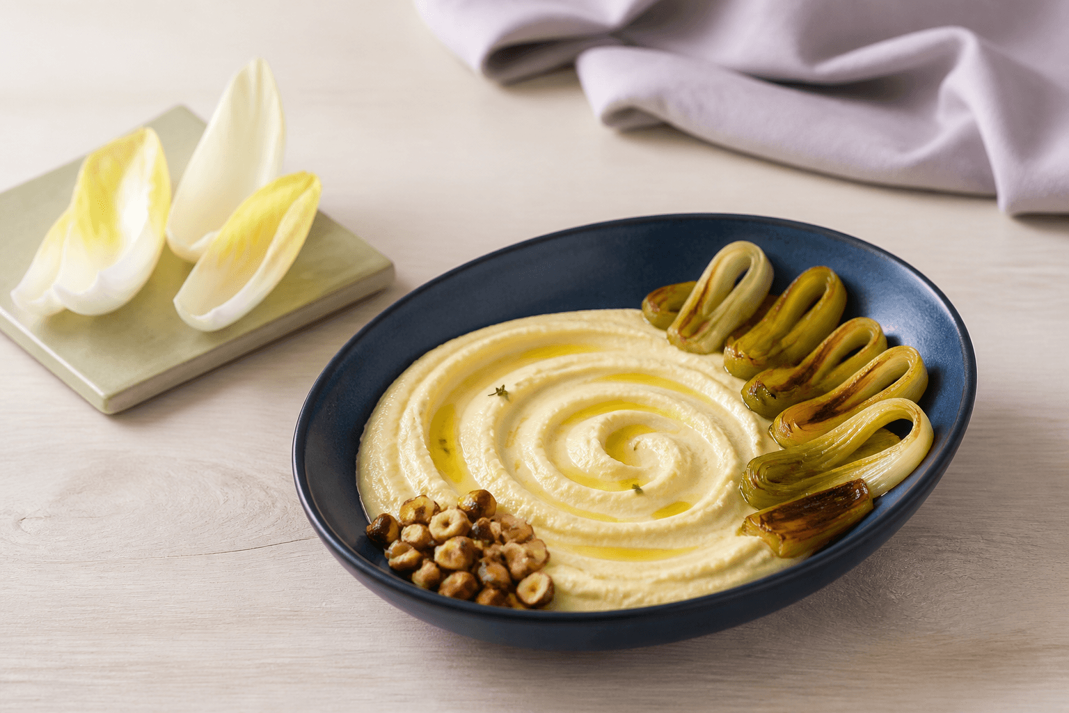 Palegylden pisket cheddar i spiral i mørkeblå oval skål med foldede karamelliserede porrebånd, røget hasselnøddeklynge og endivie