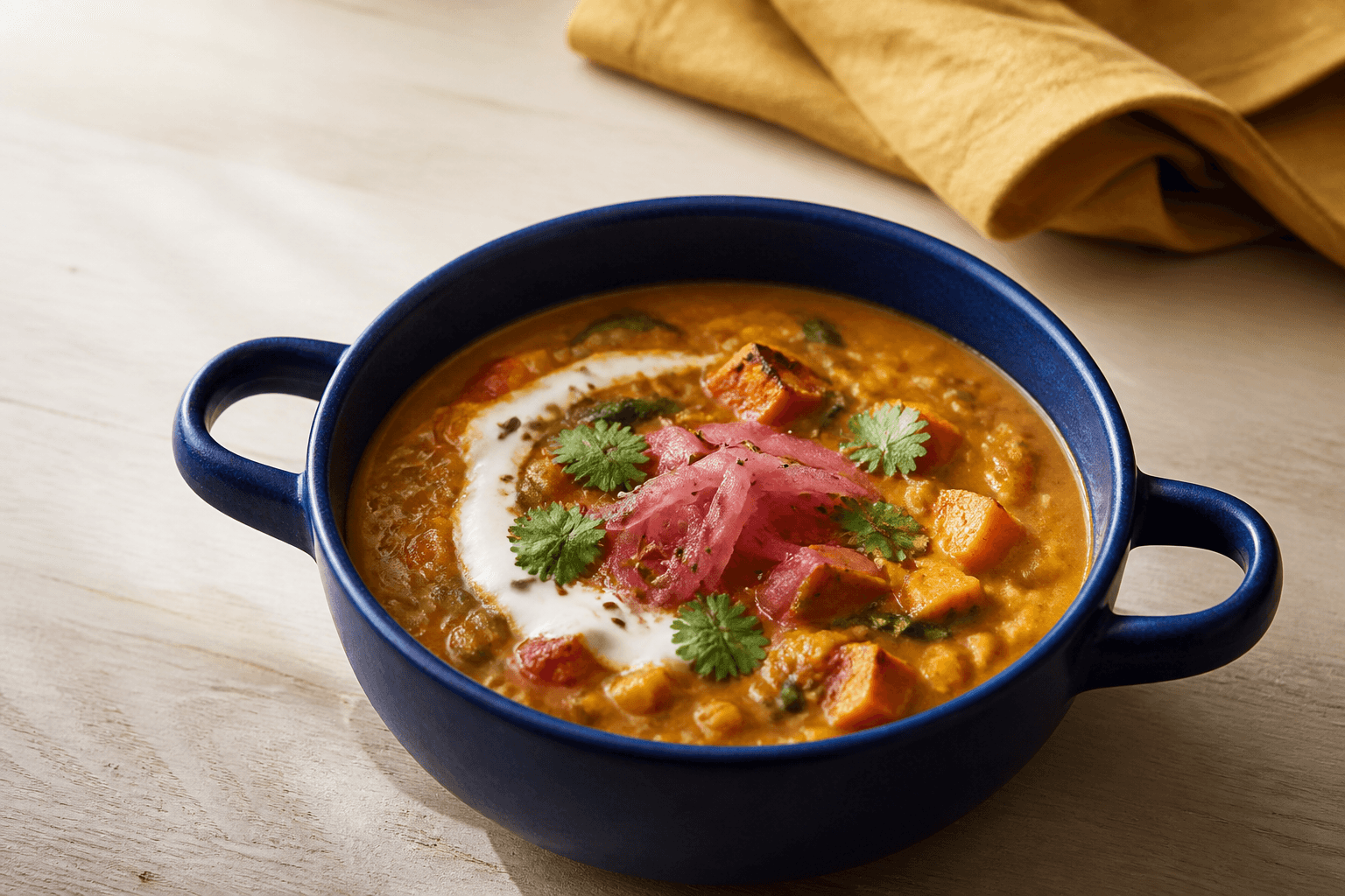 Grov gyldenrød linsesuppe med kokos, sød kartoffel, spinat og tomat i koboltblå skål med syltet rødløg og koriander